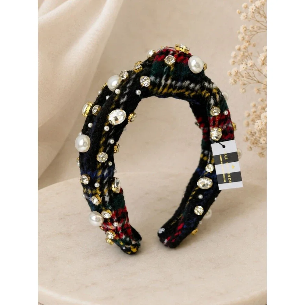 Lele Sadoughi Pearl and Crystal Flannel Knotted Headband Jet Plaid One Size